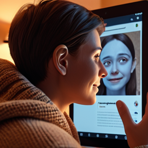 Home 15 A person comfortably conversing with an AI chatbot on a tablet, warm lighting, cozy home environment, emphasizing companionship and emotional connection, but maintaining a balanced perspective.