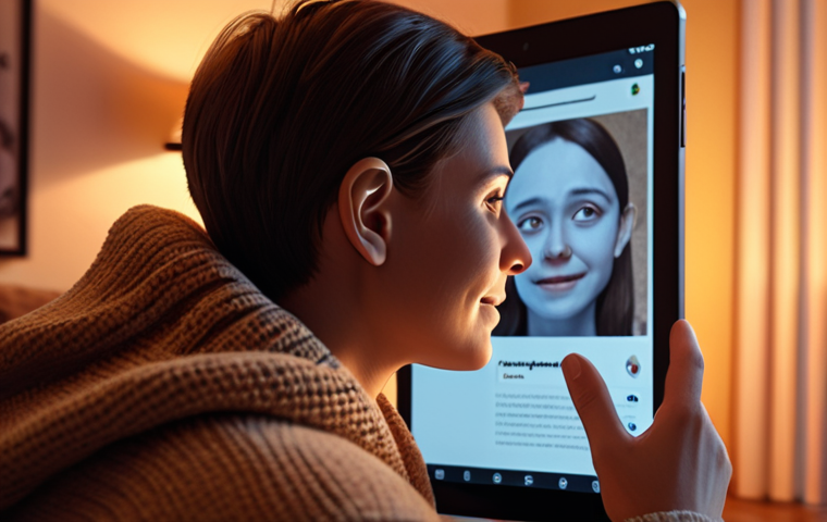 A person comfortably conversing with an AI chatbot on a tablet, warm lighting, cozy home environment, emphasizing companionship and emotional connection, but maintaining a balanced perspective.