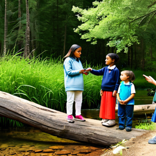 Home 7 A diverse group of elementary school children and a kind, professional teacher, all fully clothed in modest, comfortable, and appropriate attire, are gently observing a pristine forest ecosystem with a clear stream nearby on a sunny day. Various native plants and small, non-threatening animals like birds and butterflies are naturally integrated into the background, embodying peace and harmony. This scene represents an educational experience fostering respect and coexistence. Professional photography, natural lighting, high detail, vibrant colors. Safe for work, appropriate content, fully clothed, family-friendly, perfect anatomy, correct proportions, natural pose, well-formed hands, proper finger count, natural body proportions.