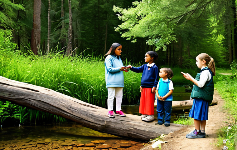 A diverse group of elementary school children and a kind, professional teacher, all fully clothed in modest, comfortable, and appropriate attire, are gently observing a pristine forest ecosystem with a clear stream nearby on a sunny day. Various native plants and small, non-threatening animals like birds and butterflies are naturally integrated into the background, embodying peace and harmony. This scene represents an educational experience fostering respect and coexistence. Professional photography, natural lighting, high detail, vibrant colors. Safe for work, appropriate content, fully clothed, family-friendly, perfect anatomy, correct proportions, natural pose, well-formed hands, proper finger count, natural body proportions.